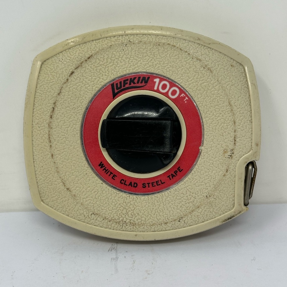 Vintage Lufkin 100 Ft. Tape Measure White Clad Steel Tape USA K5